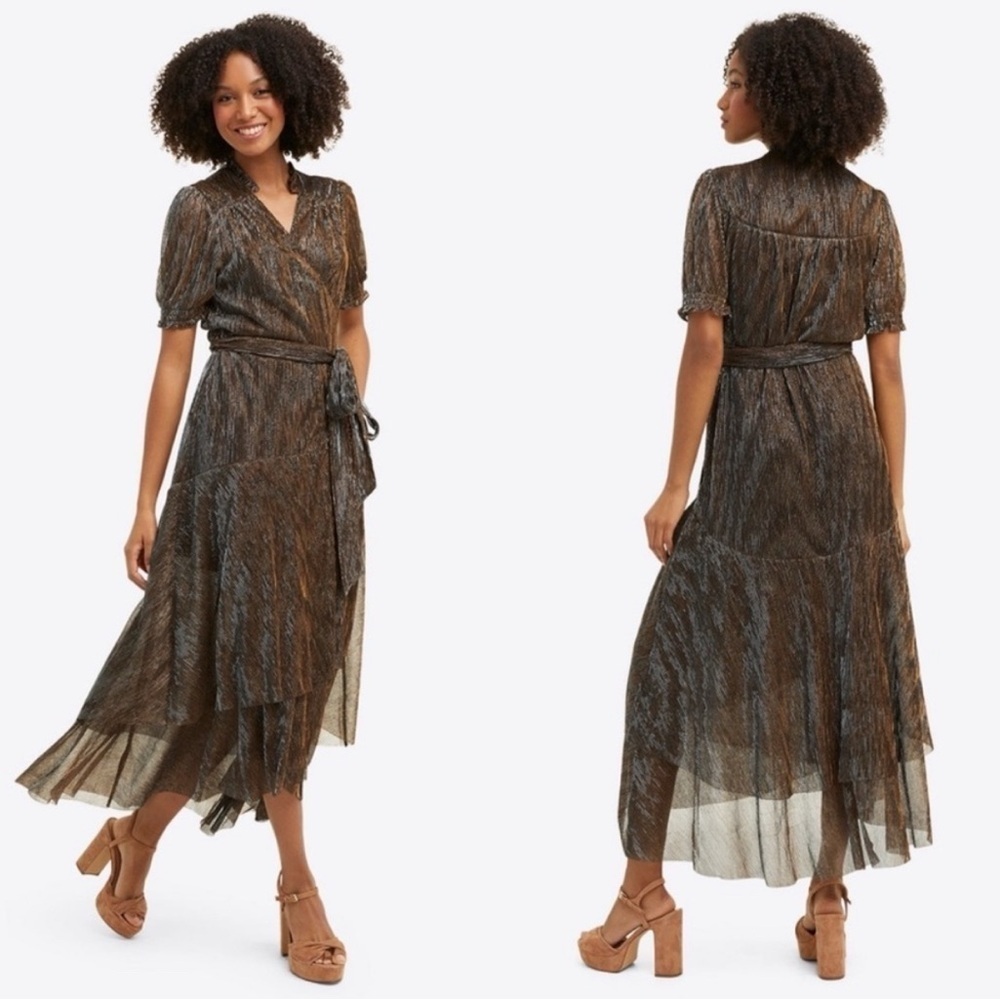NWT Draper James Naomi Wrap Dress in Lurex Plissé Gold Black Metallic XS